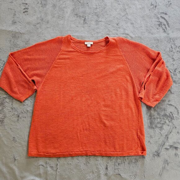 J Jill Top Shirt Womens Medium Petite Orange Linen Blend Open Sleeve Knit Casual - Picture 1 of 11